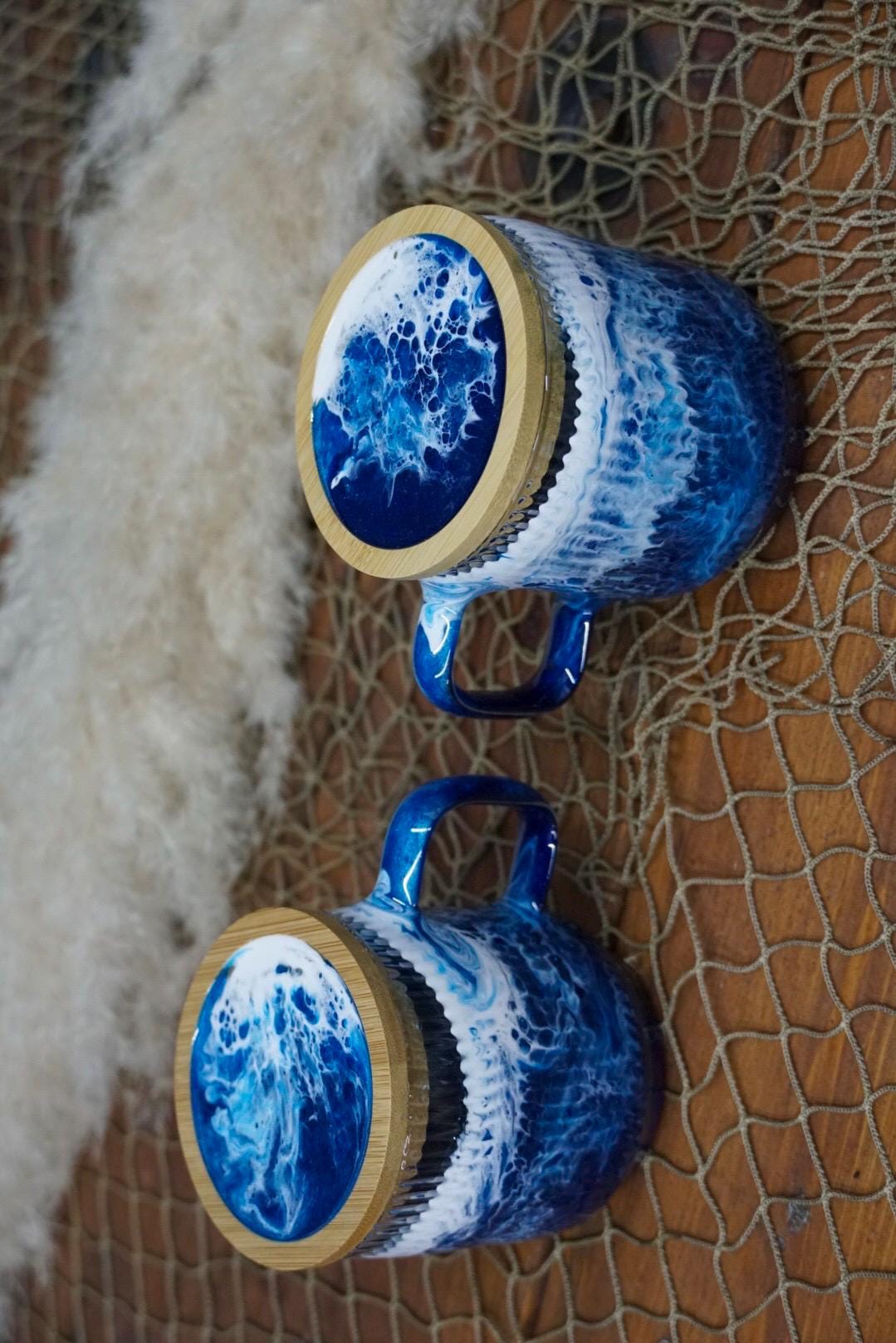 Ocean Waves Coffee Cup Set with Coaster Lids | Coastal Decor