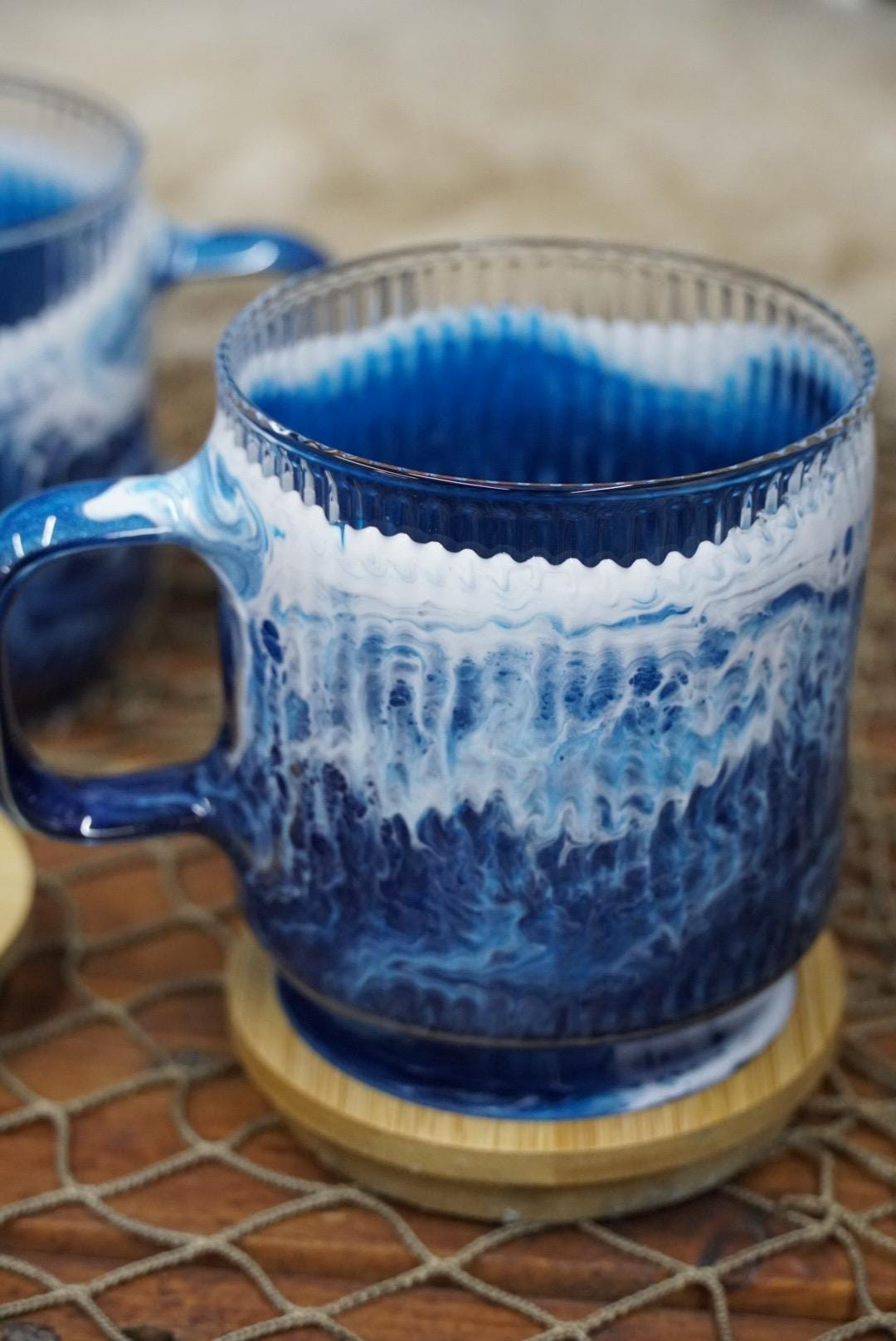 Ocean Waves Coffee Cup Set with Coaster Lids | Coastal Decor