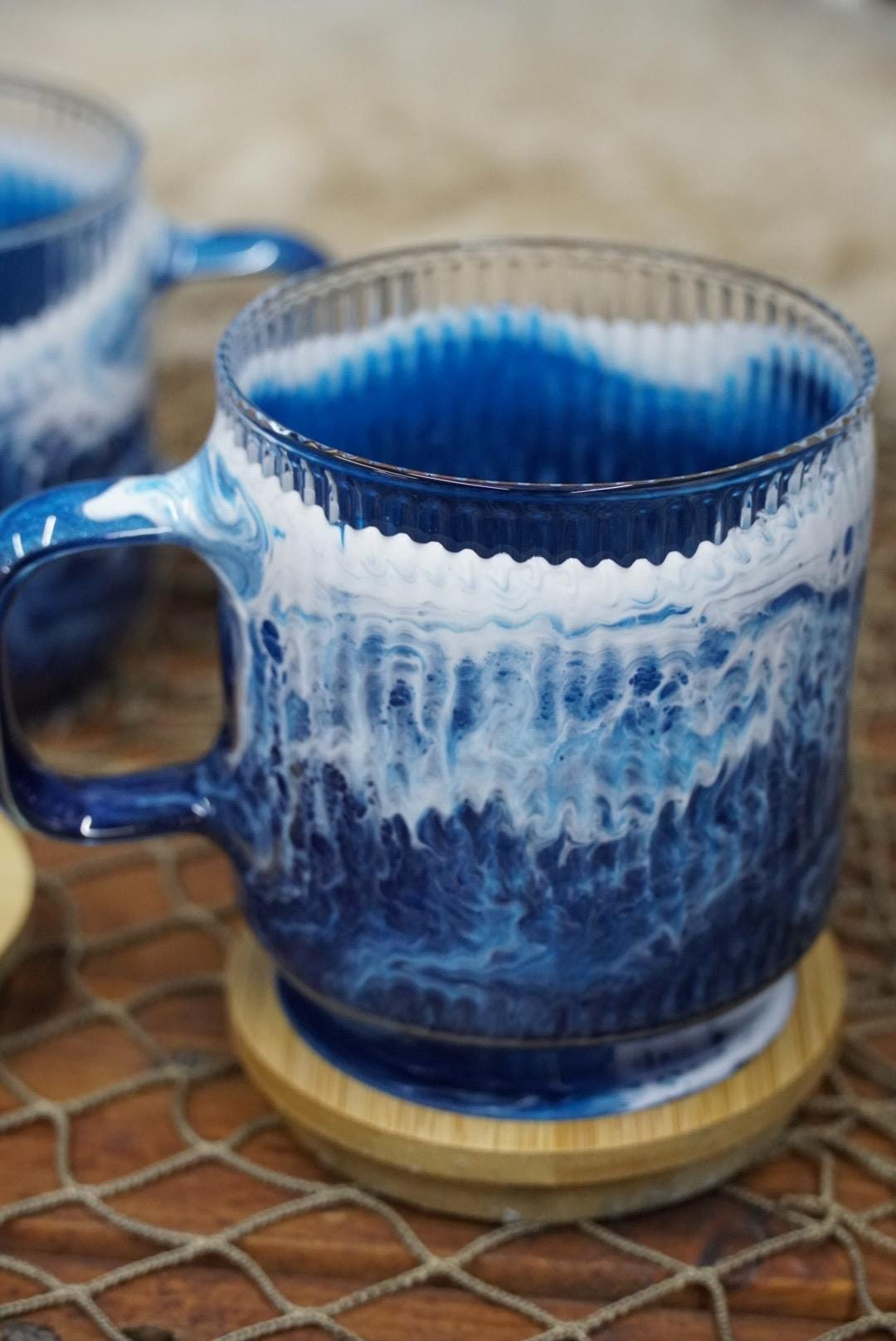 Ocean Waves Coffee Cup Set with Coaster Lids | Coastal Decor