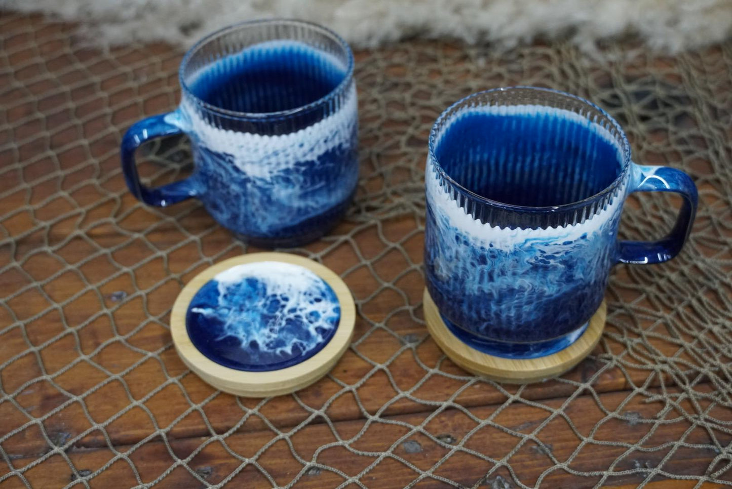 Ocean Waves Coffee Cup Set with Coaster Lids | Coastal Decor