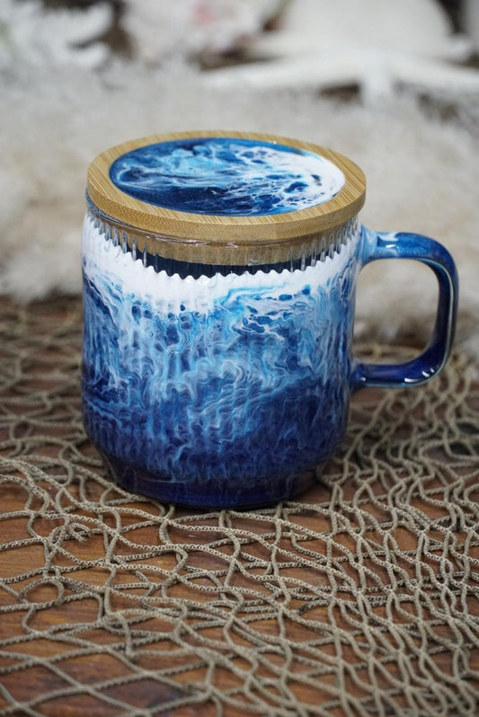 Ocean Waves Coffee Cup Set with Coaster Lids | Coastal Decor