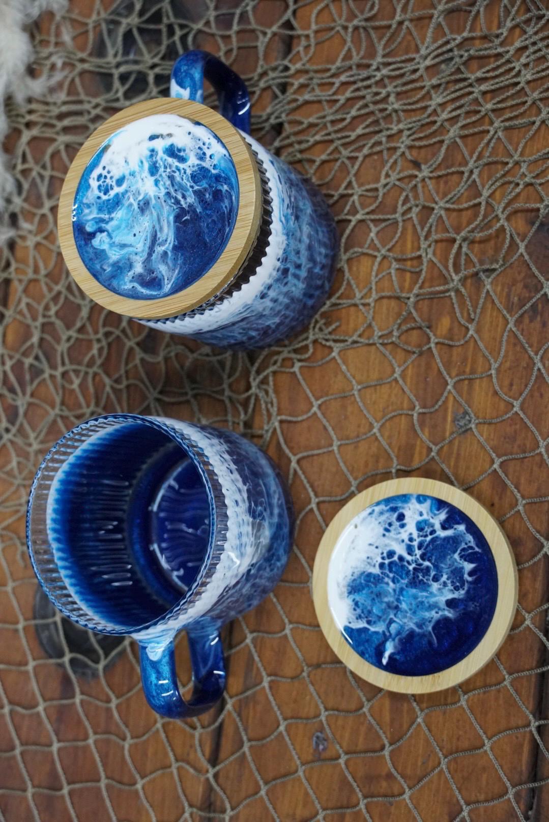 Ocean Waves Coffee Cup Set with Coaster Lids | Coastal Decor