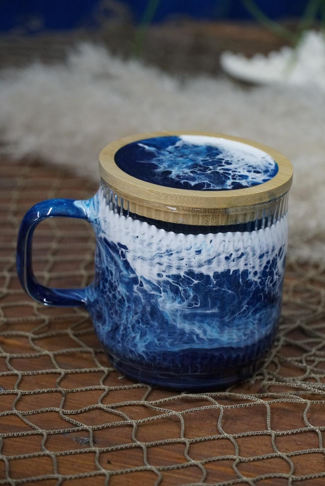Ocean Waves Coffee Cup Set with Coaster Lids | Coastal Decor