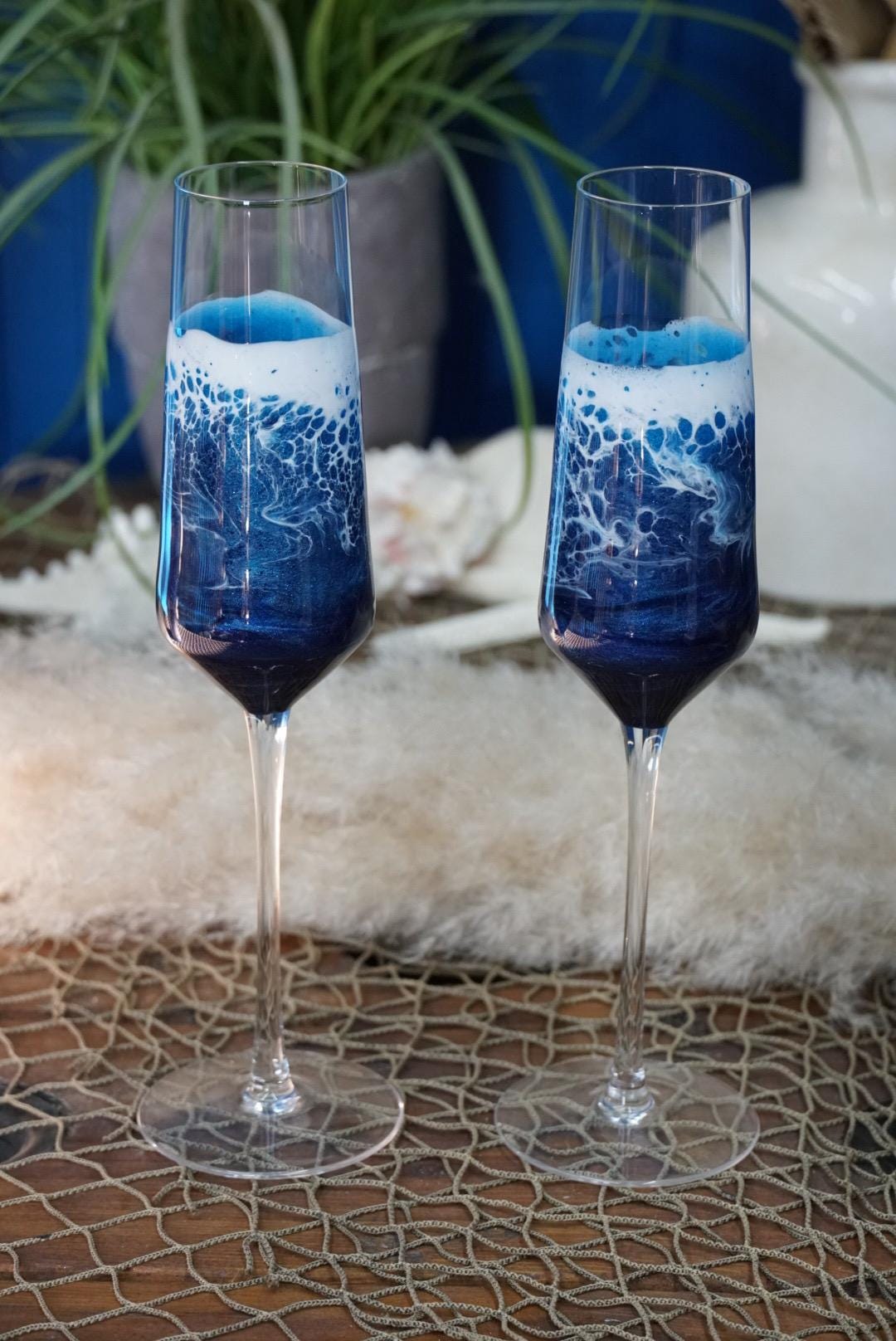 Ocean Waves Champagne Glasses Set of Two | Coastal Decor