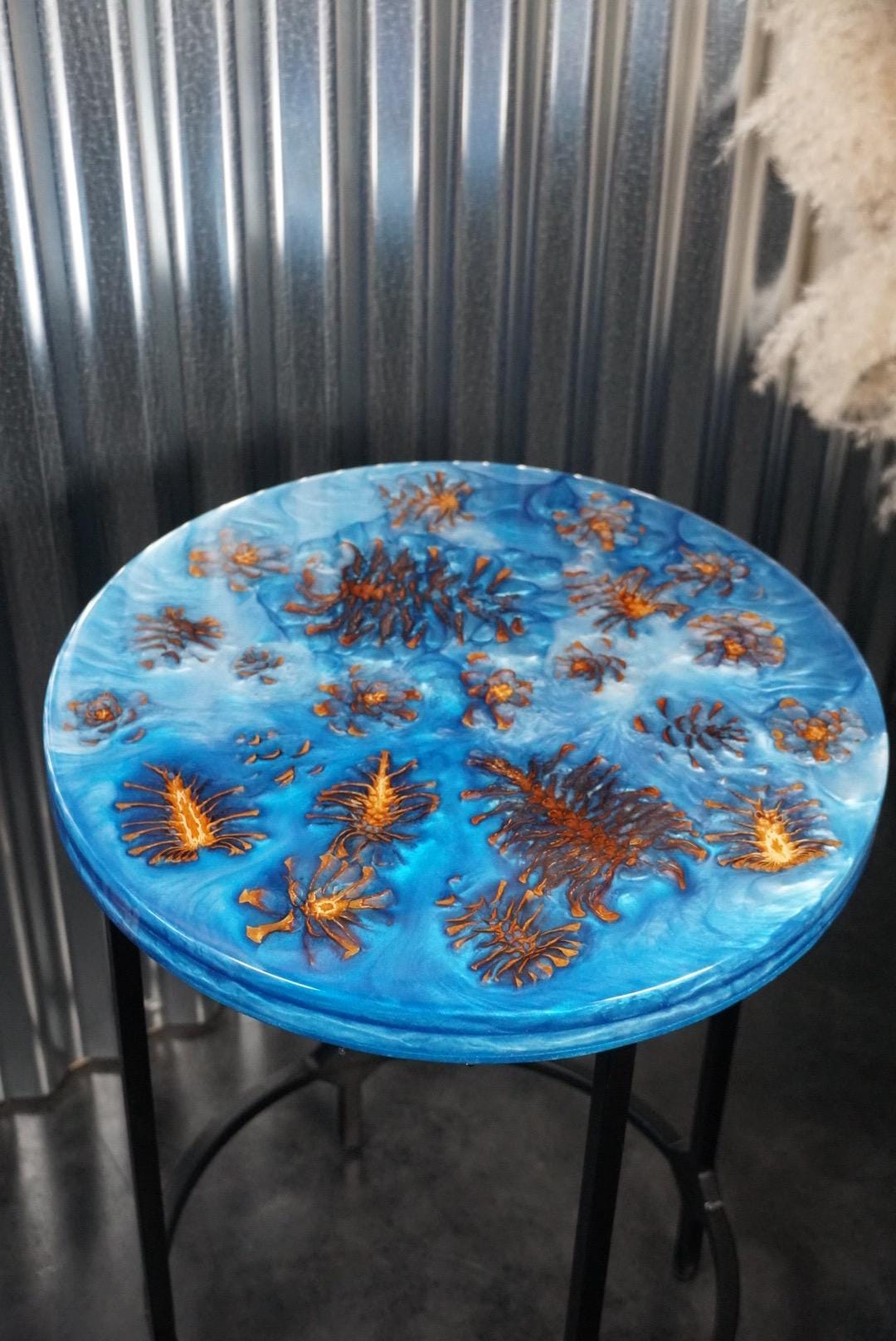 PINECONE BLUE Epoxy Resin Table with Pinecones | Side Table | End Table | Accent Table