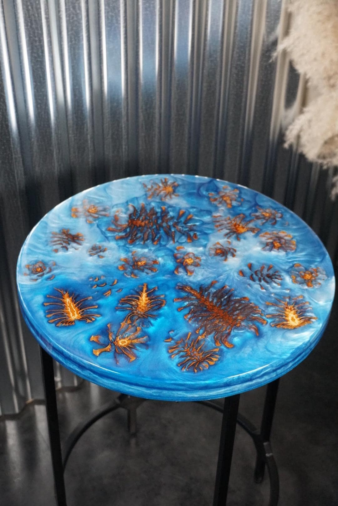 PINECONE BLUE Epoxy Resin Table with Pinecones | Side Table | End Table | Accent Table