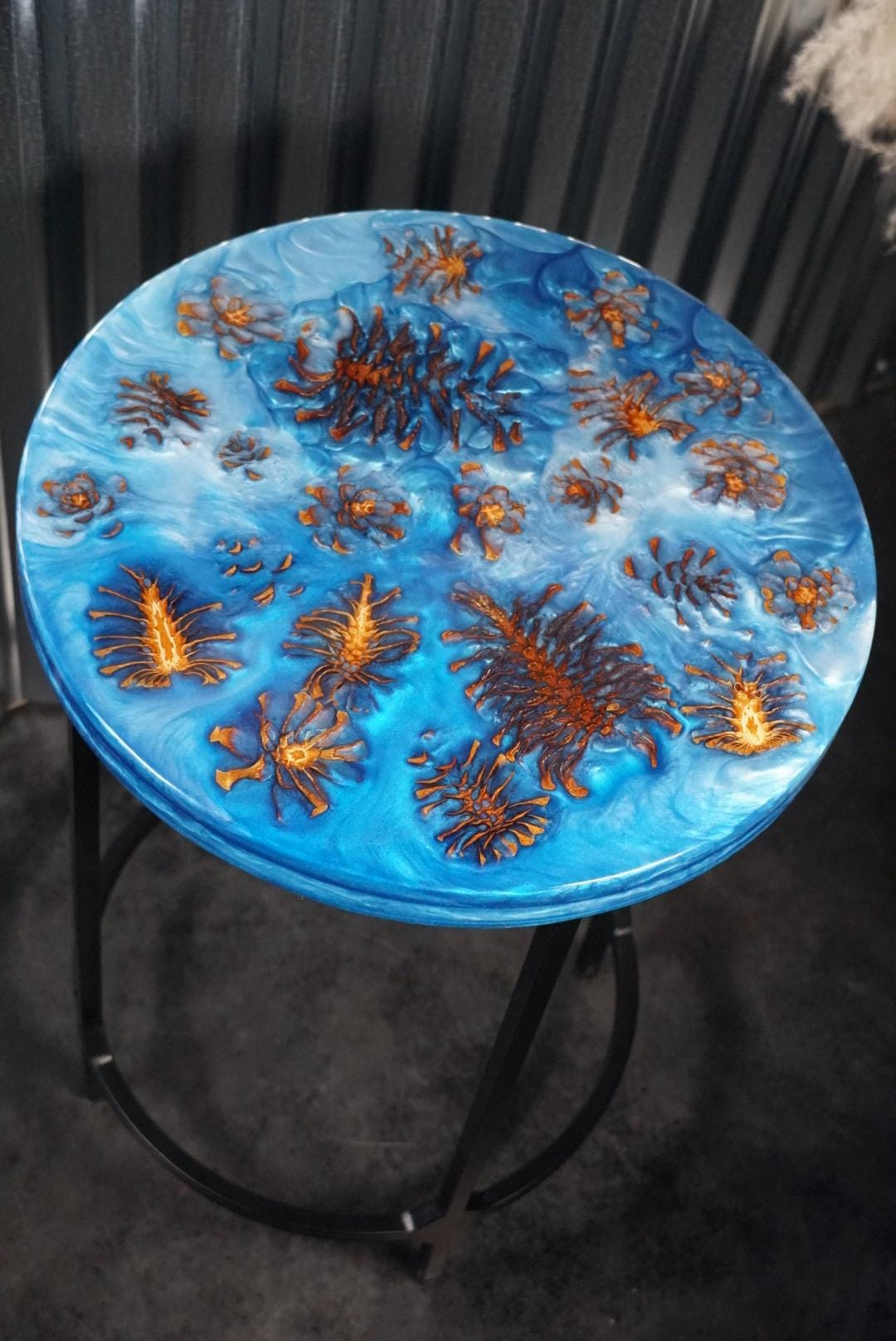 PINECONE BLUE Epoxy Resin Table with Pinecones | Side Table | End Table | Accent Table