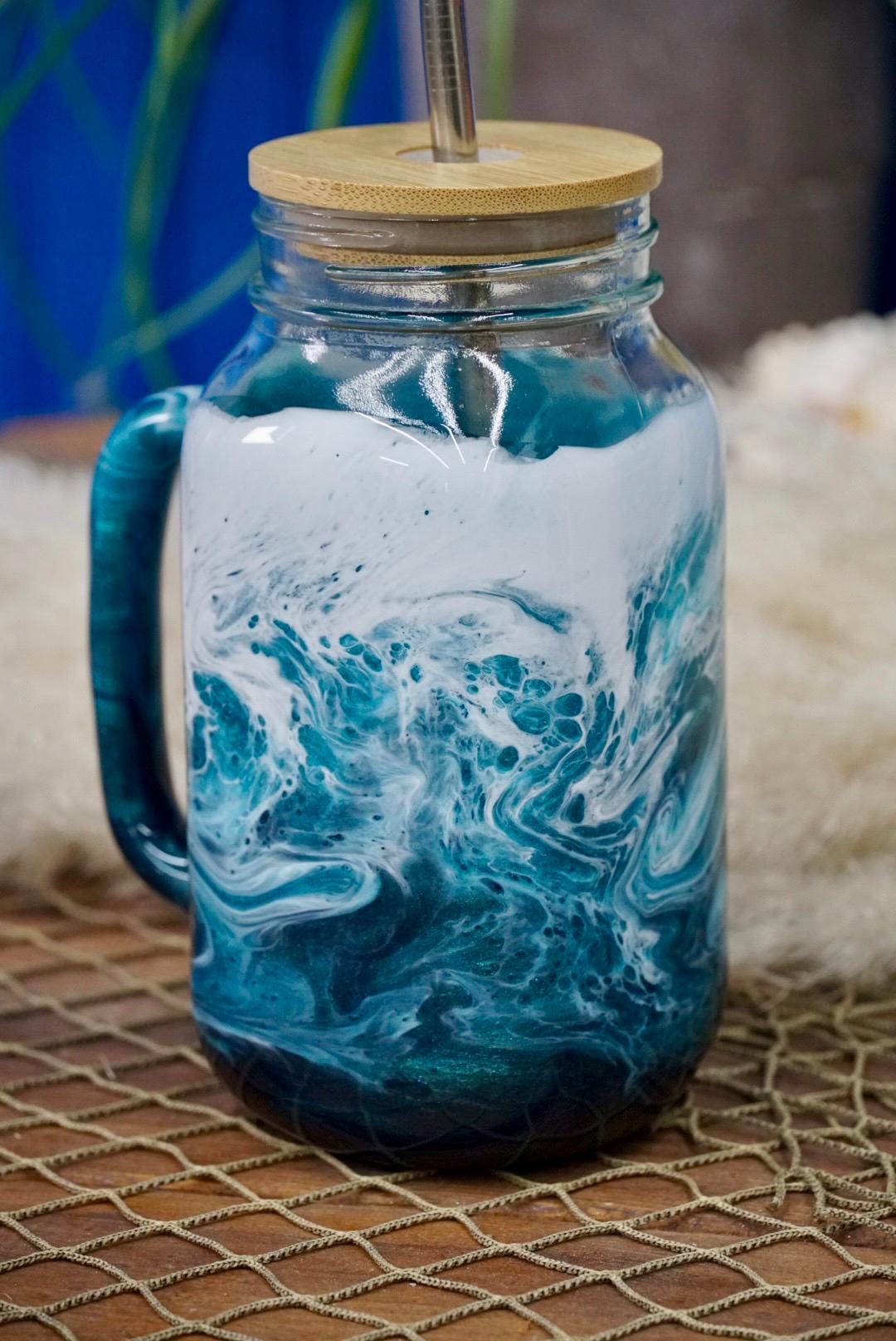 Turquoise Waves 24 oz Mason Jar Beverage Glass with handle and bamboo lid with straw | Coastal Decor