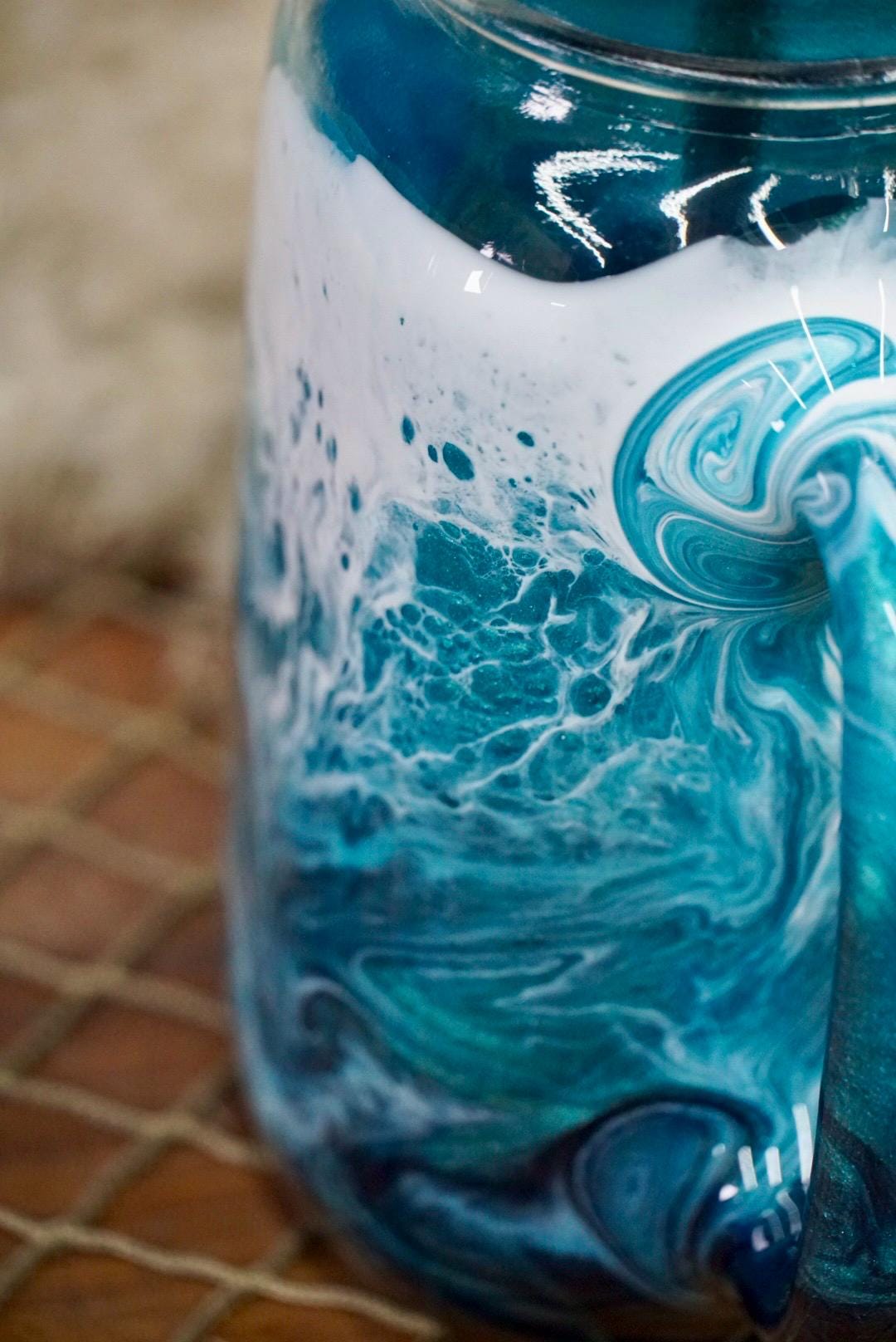 Turquoise Waves 24 oz Mason Jar Beverage Glass with handle and bamboo lid with straw | Coastal Decor