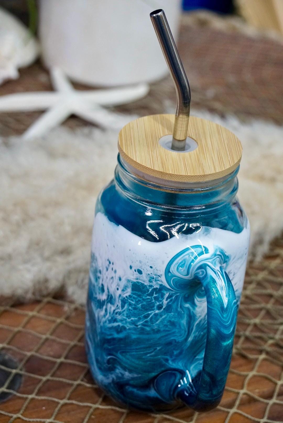 Turquoise Waves 24 oz Mason Jar Beverage Glass with handle and bamboo lid with straw | Coastal Decor