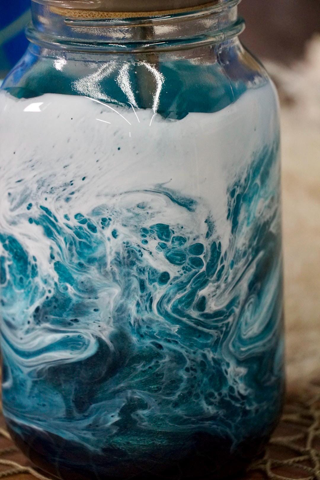 Turquoise Waves 24 oz Mason Jar Beverage Glass with handle and bamboo lid with straw | Coastal Decor