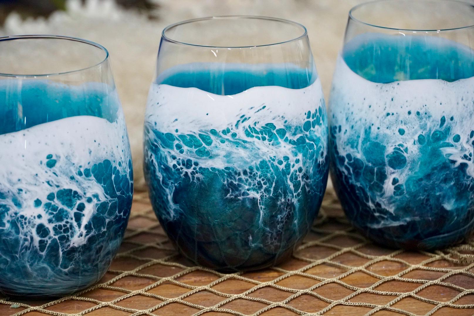 Turquoise Waves Wine Glasses | Coastal Decor
