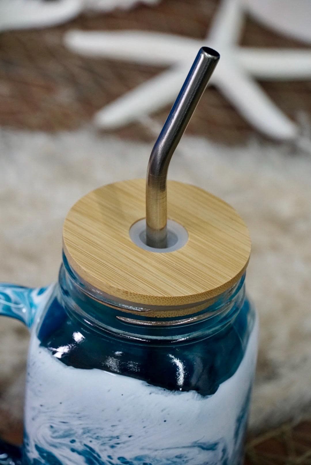 Turquoise Waves 24 oz Mason Jar Beverage Glass with handle and bamboo lid with straw | Coastal Decor