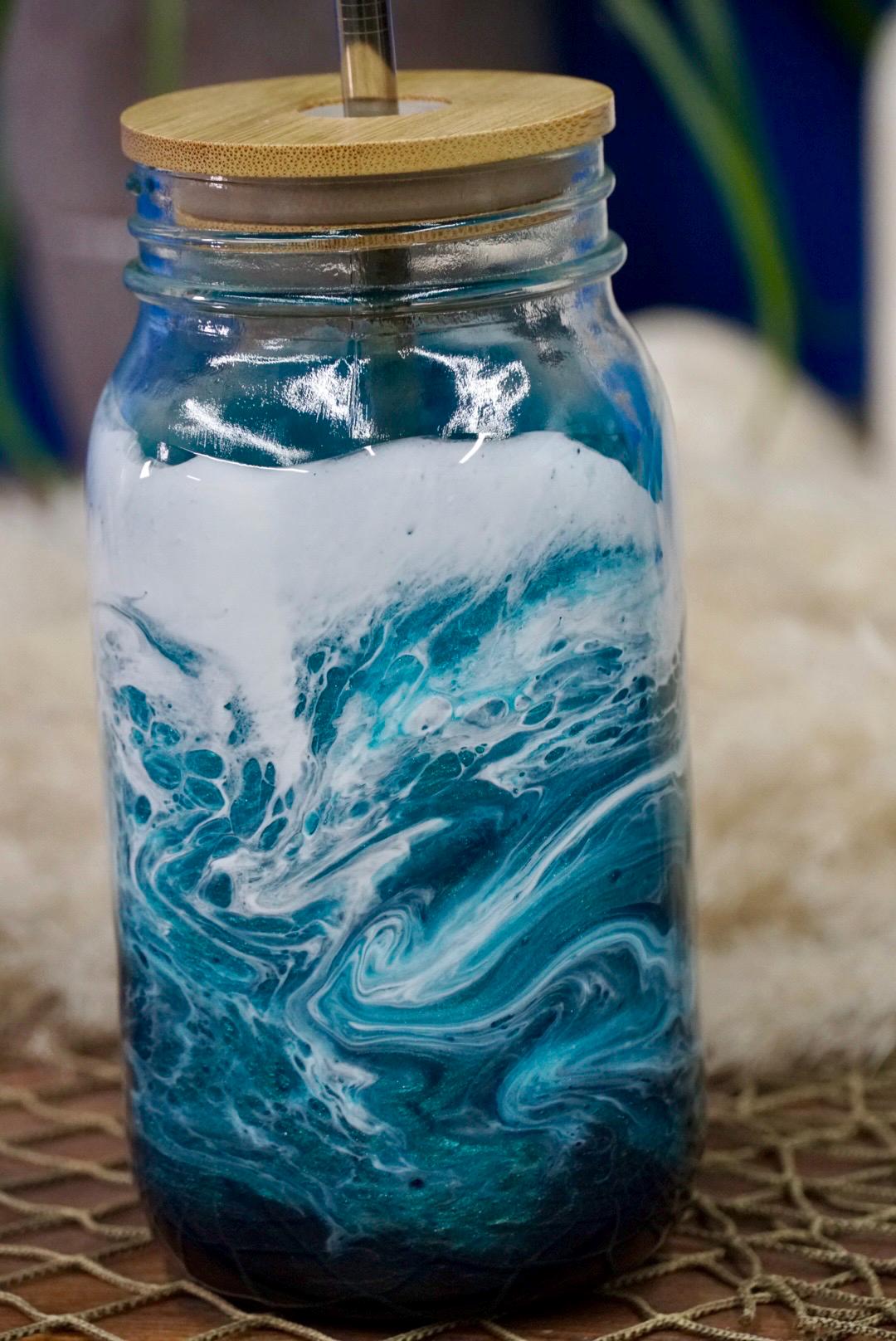 Turquoise Waves 24 oz Mason Jar Beverage Glass with handle and bamboo lid with straw | Coastal Decor
