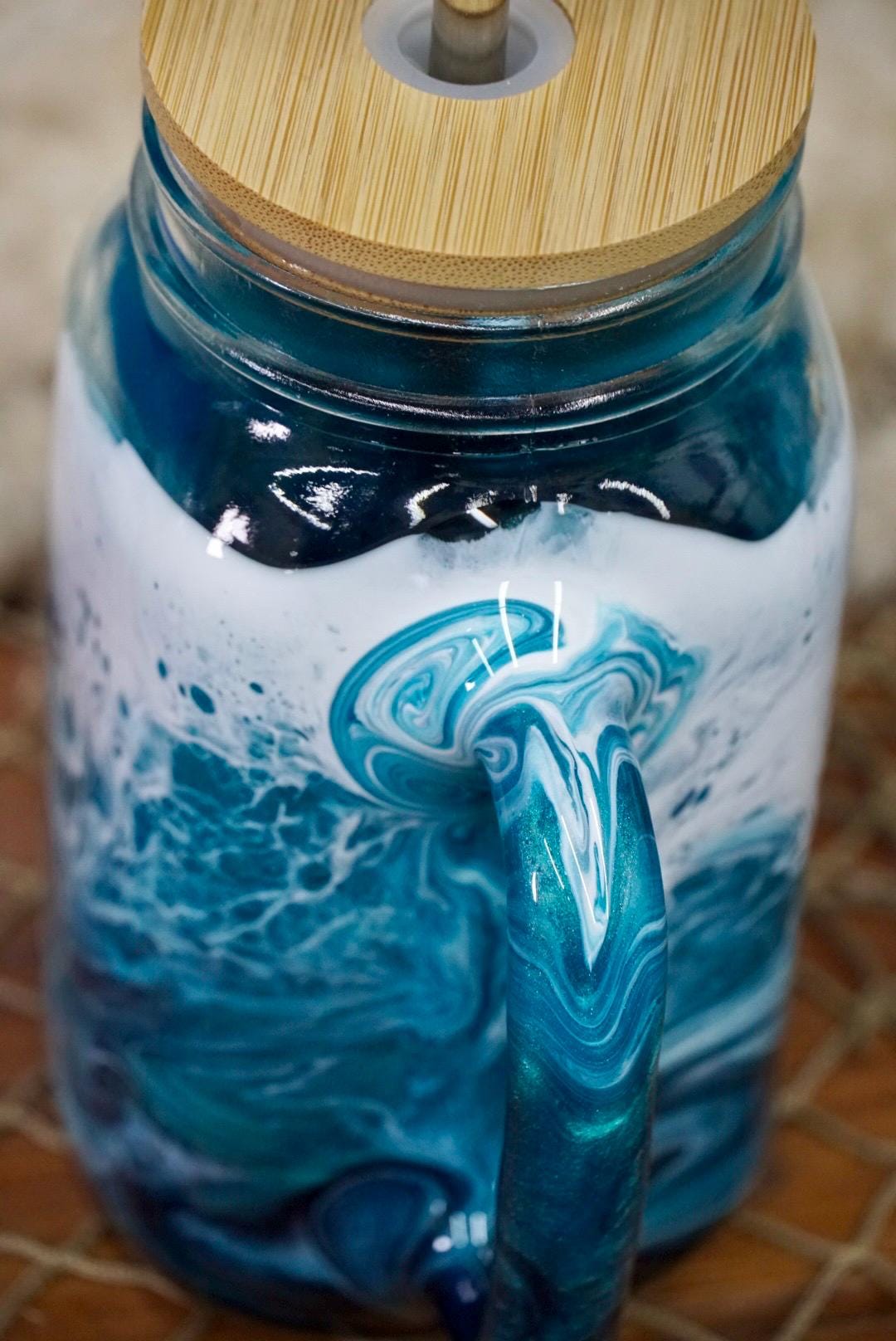 Turquoise Waves 24 oz Mason Jar Beverage Glass with handle and bamboo lid with straw | Coastal Decor