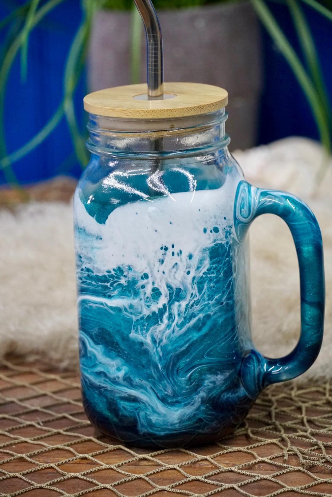 Turquoise Waves 24 oz Mason Jar Beverage Glass with handle and bamboo lid with straw | Coastal Decor