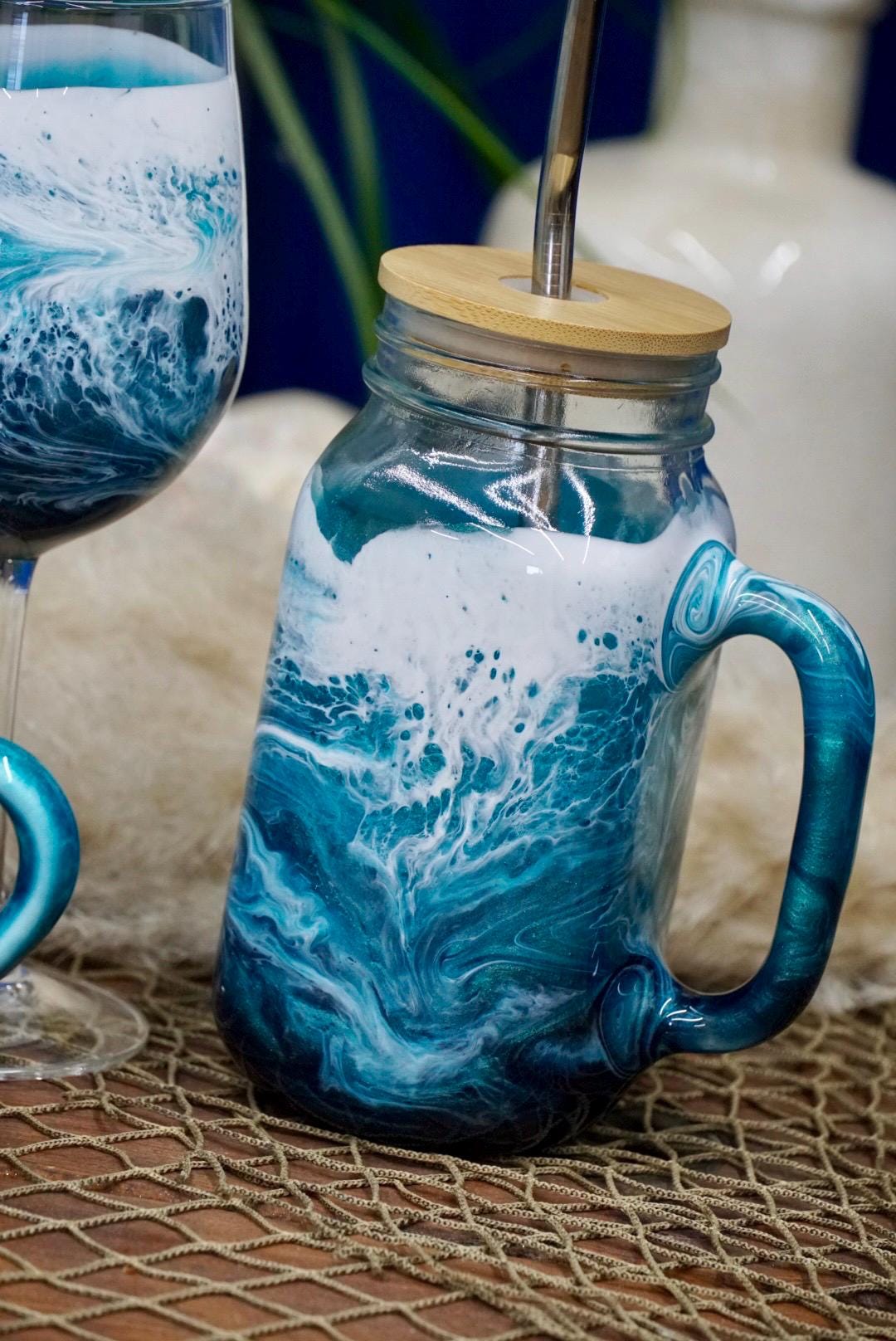 Turquoise Waves 24 oz Mason Jar Beverage Glass with handle and bamboo lid with straw | Coastal Decor