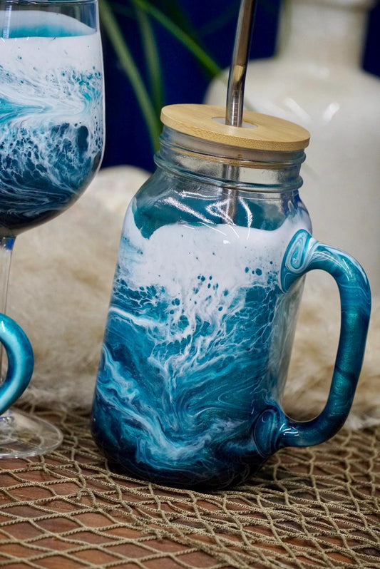 Turquoise Waves 24 oz Mason Jar Beverage Glass with handle and bamboo lid with straw |Coastal Decor