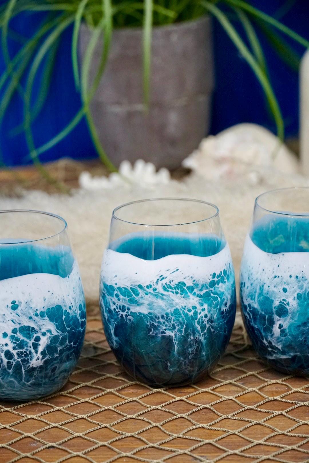 Turquoise Waves Wine Glasses | Coastal Decor