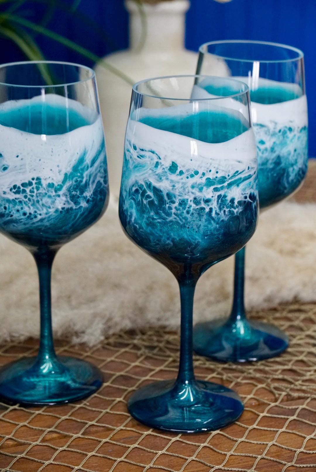 Turquoise Waves Acylic Wine Glasses | Coastal Decor