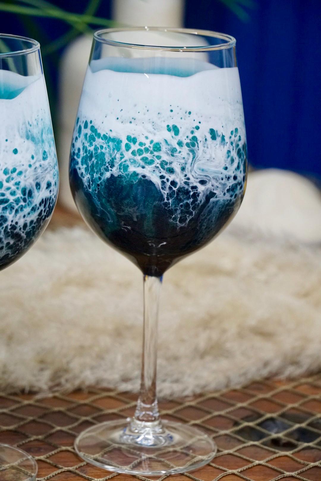 Turquoise Waves Wine Glasses | Coastal Decor