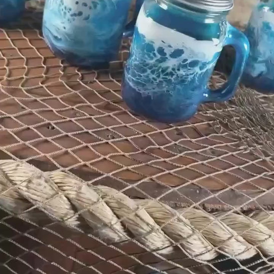 Ocean Waves 16 oz Mason Jar  Beverage Glasses with handles |Coastal Decor