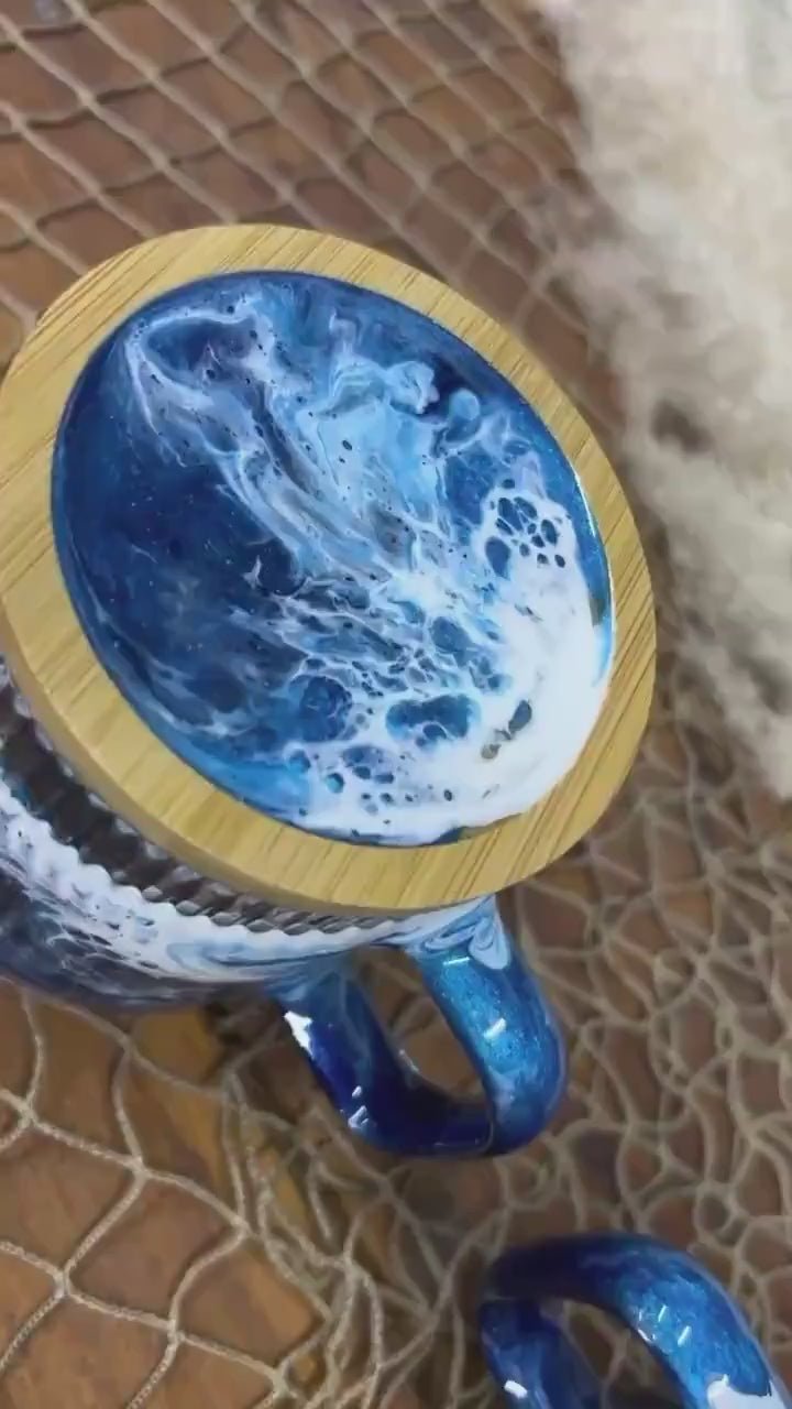 Ocean Waves Coffee Cup Set with Coaster Lids | Coastal Decor