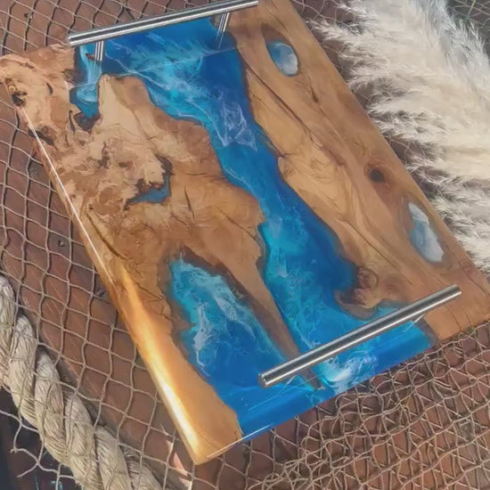 Olive Wood Ocean Waves, Resin Serving Tray, Charcuterie Board, Cheeseboard