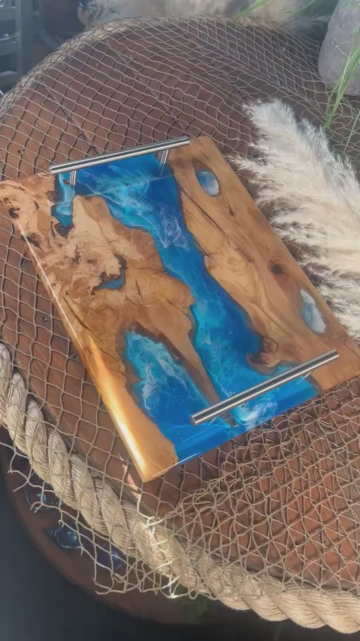 Olive Wood Ocean Waves, Resin Serving Tray, Charcuterie Board, Cheeseboard
