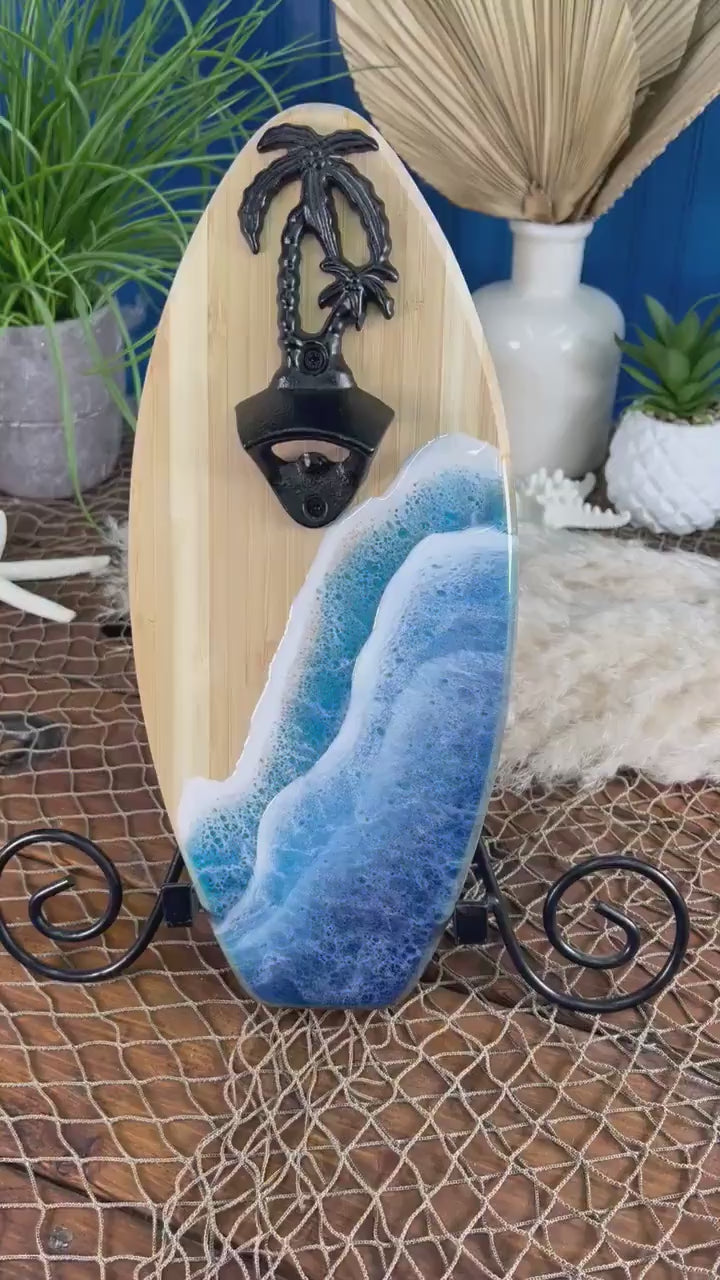 Surfboard Palm Tree Bottle Opener with Resin Waves