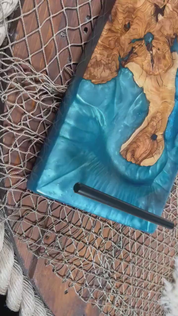 Olive Wood with Turqoise and Blue Epoxy  Resin Charcuterie Board, serving board
