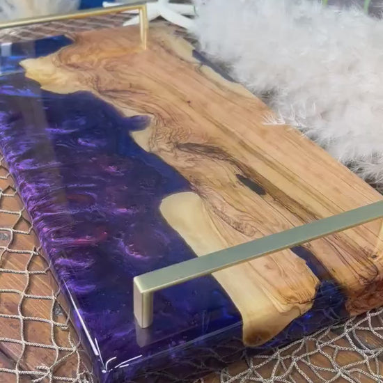 Olive Wood with Blue and Purple Epoxy  Resin Charcuterie Board, serving board