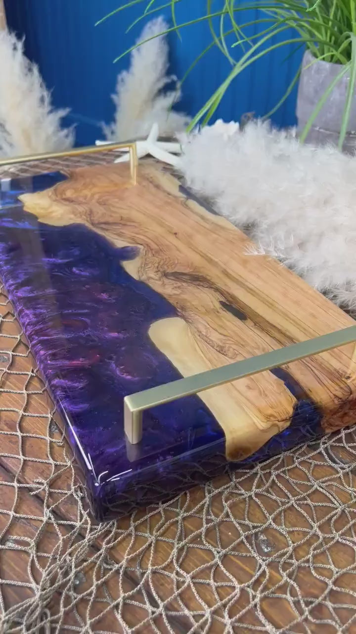 Olive Wood with Blue and Purple Epoxy  Resin Charcuterie Board, serving board