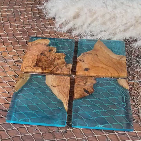 Aqua Blue/Green Resin and Olive Wood Coasters