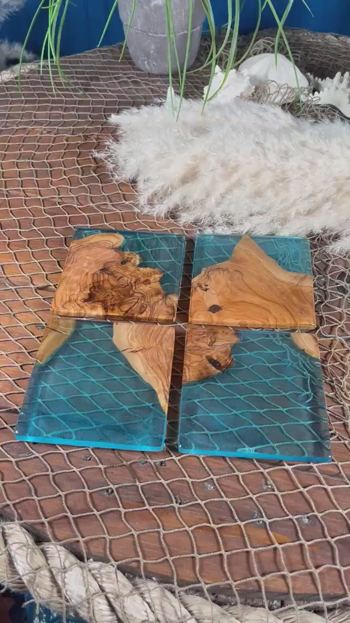 Aqua Blue/Green Resin and Olive Wood Coasters