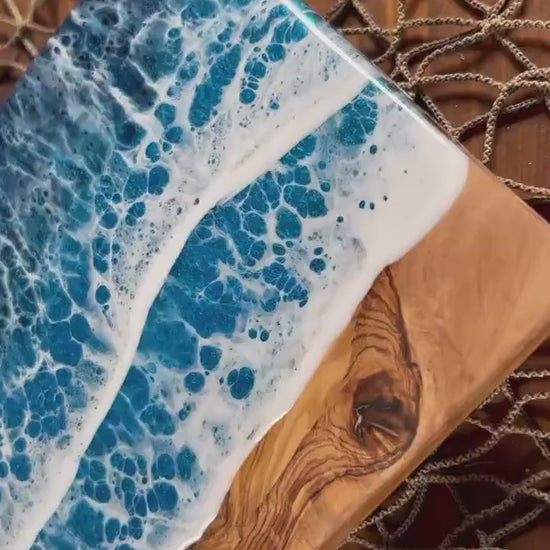 Mini Olive Wood with Blue Epoxy Resin Waves, Charcuterie Board, Cheese Board , Small bites, Table Accent