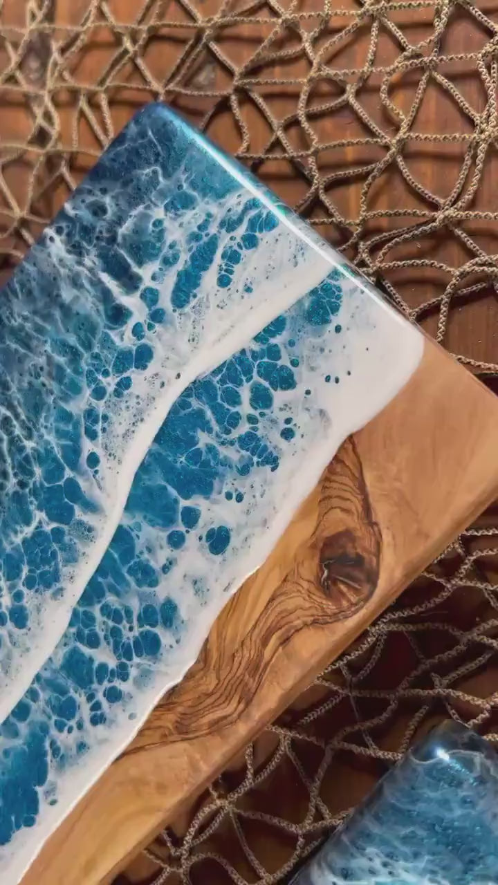 Mini Olive Wood with Blue Epoxy Resin Waves, Charcuterie Board, Cheese Board , Small bites, Table Accent