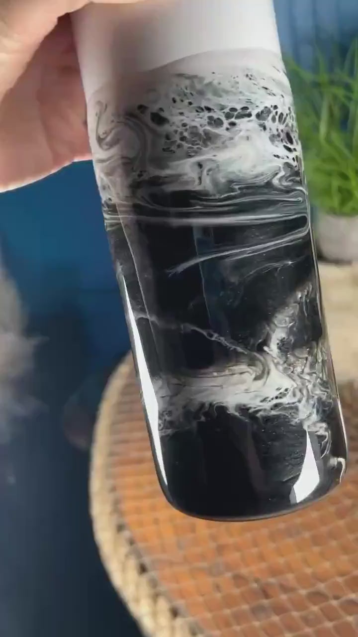 Black and White Waves 20 oz Insulated Drink Tumbler | Coastal Decor