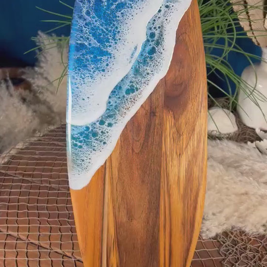 Teak Ocean Waves Resin Surfboard, Serving Tray, Charcuterie Board, Wall Art