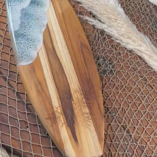 Teak Ocean Waves Resin Surfboard, Serving Tray, Charcuterie Board, Wall Art