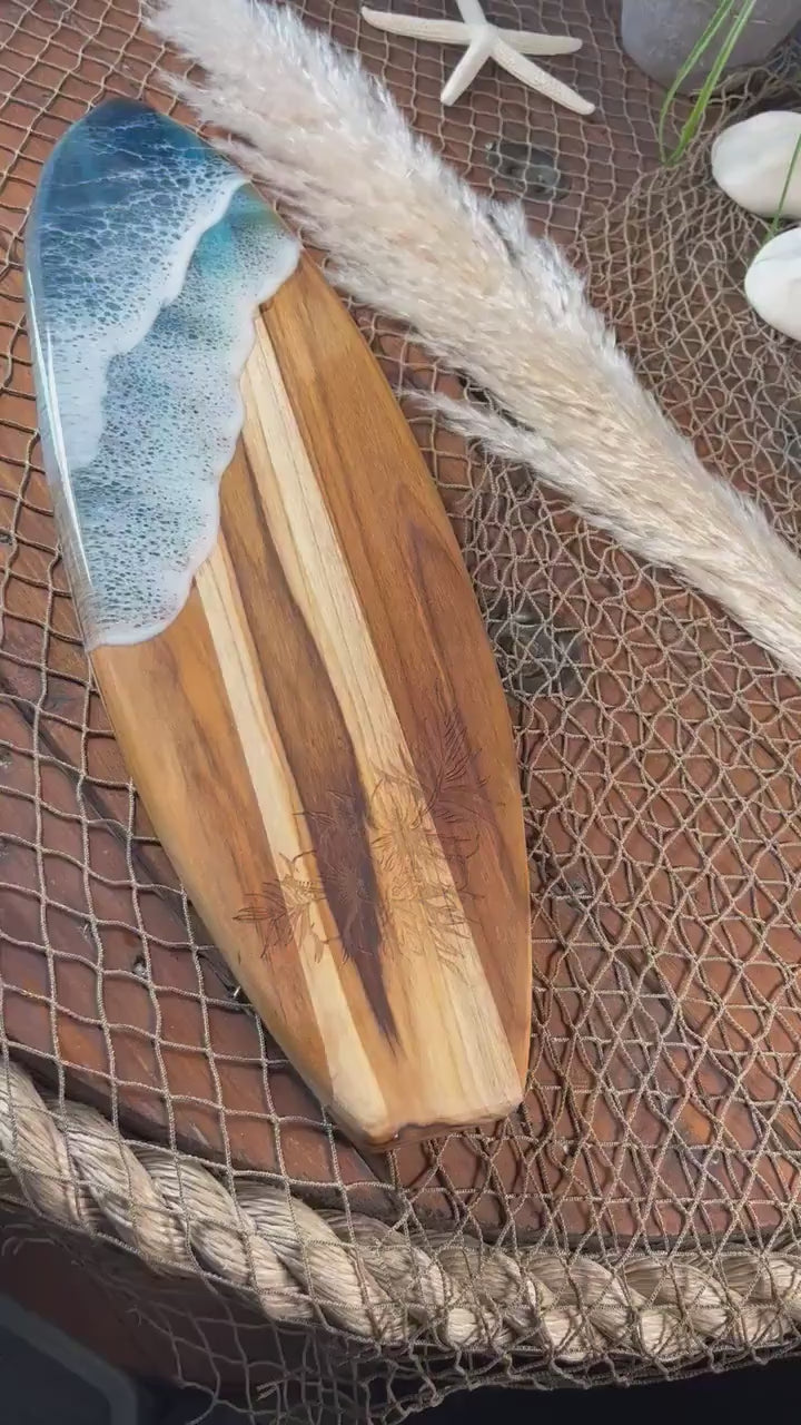 Teak Ocean Waves Resin Surfboard, Serving Tray, Charcuterie Board, Wall Art