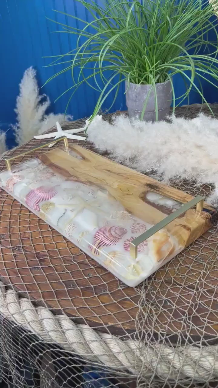 Sea Shell and Olive Wood Resin Serving Tray, Charcuterie Board/Wall Art