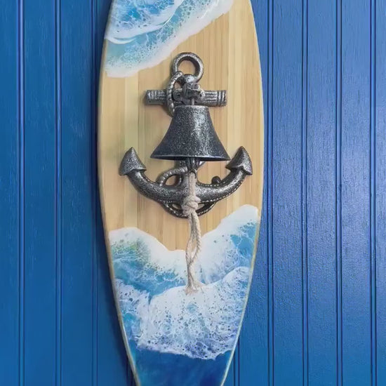 Nautical Anchor Bell Surfboard with Ocean Waves | Wall Art