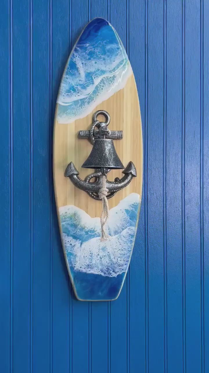 Nautical Anchor Bell Surfboard with Ocean Waves | Wall Art