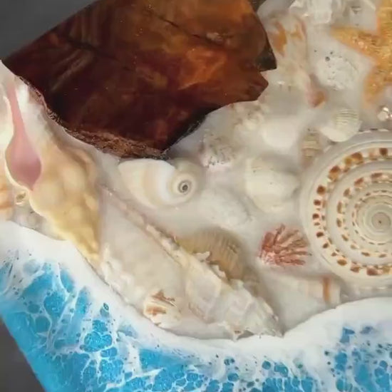 SEA SCAPE BURL Epoxy Resin Table with Walnut Burl, Ocean Waves, Sand & Shells | Side Table | End Table | Accent Table