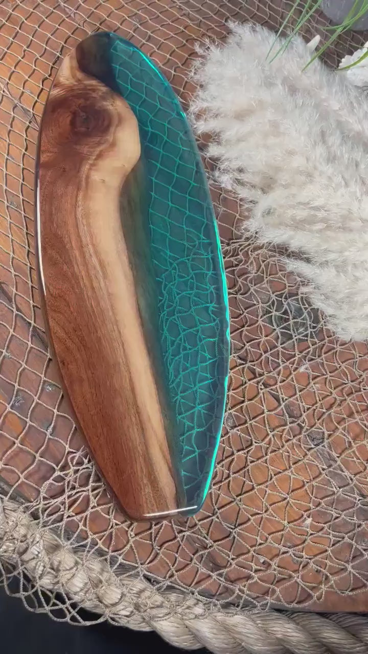 Aqua Blue/Green Transparent Surfboard, Serving Tray, Charcuterie Board, Wall Art