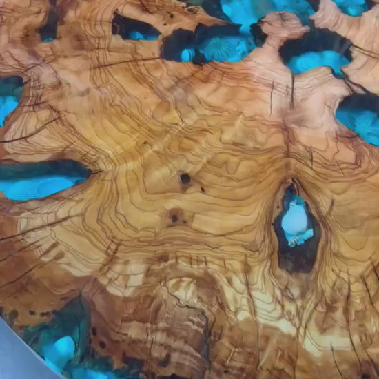 Ocean view Sea shell, Blue, Olive Wood  Round Table, coffee table, accent table