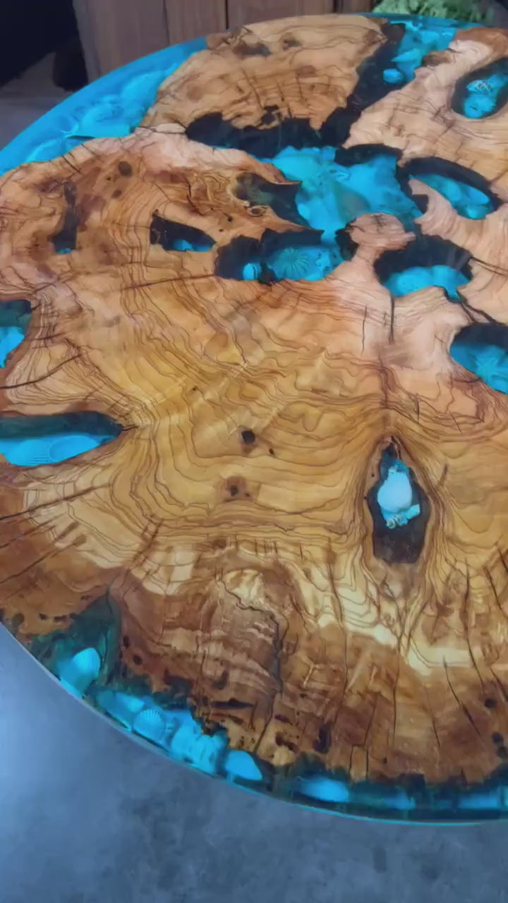 Ocean view Sea shell, Blue, Olive Wood  Round Table, coffee table, accent table