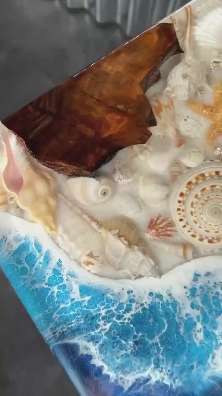 SEA SCAPE BURL Epoxy Resin Table with Walnut Burl, Ocean Waves, Sand & Shells | Side Table | End Table | Accent Table