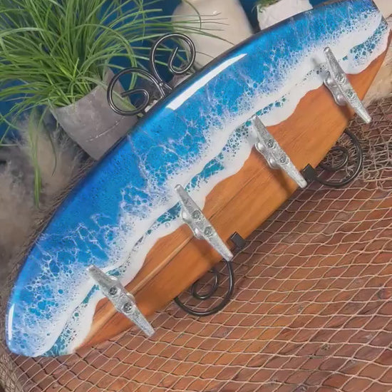 Teak wood Ocean Waves Resin Surfboard coat or towel hanger